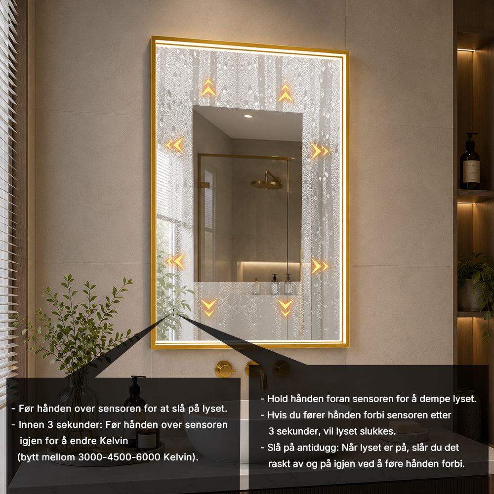 Rektangulært Speil med LED-lys i Ramme og Antidugg 80x120 cm, Gull Ramme