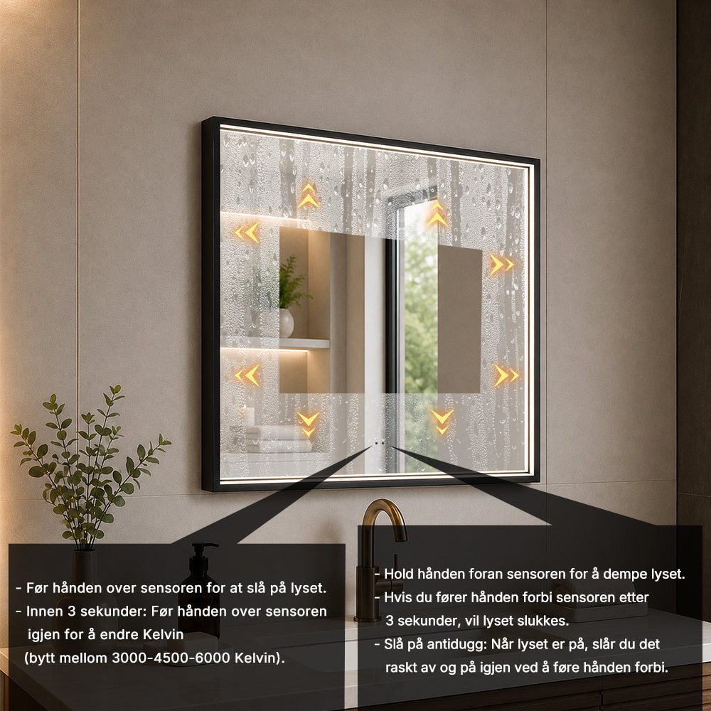 Firkantet Speil med LED-lys i Ramme og Antidugg 80x80 cm, Svart Ramme