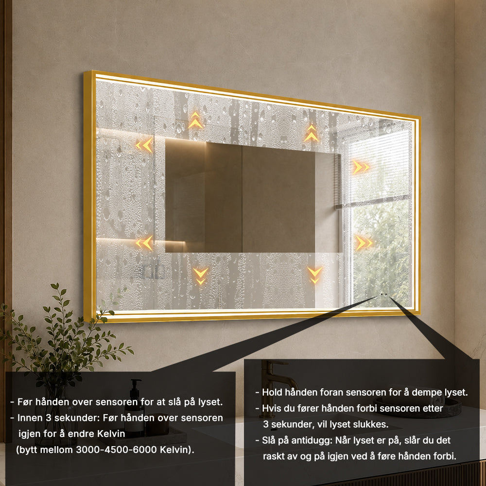 Rektangulært Speil med LED-lys i Ramme og Antidugg 120x80 cm, Gull Ramme