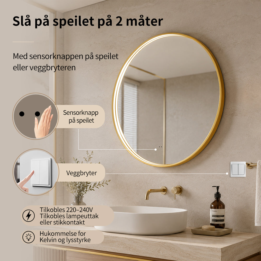 Rundt Speil med LED-lys i Ramme og Antidugg Ø60, Gull Ramme
