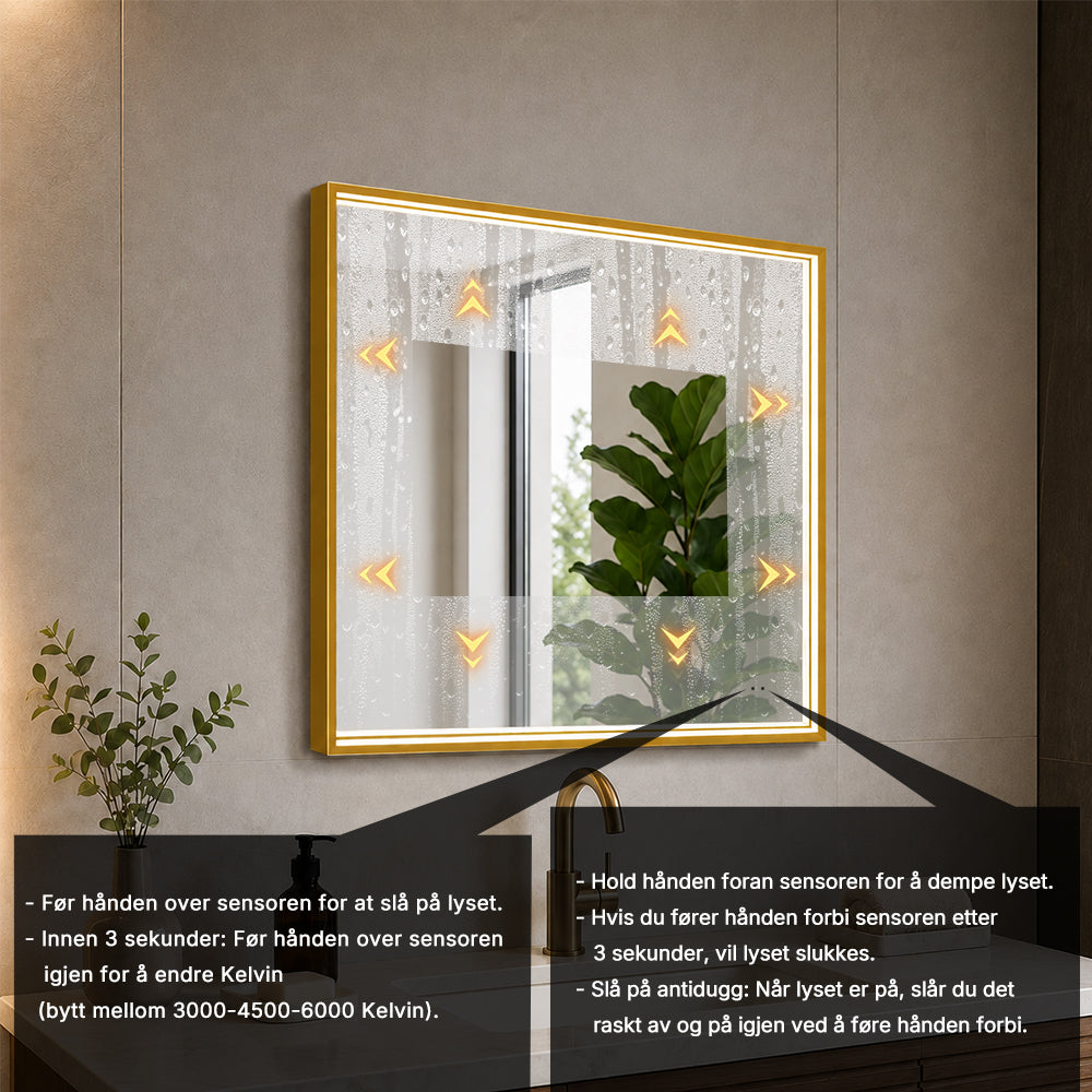 Firkantet Speil med LED-lys i Ramme og Antidugg 80x80 cm, Gull Ramme
