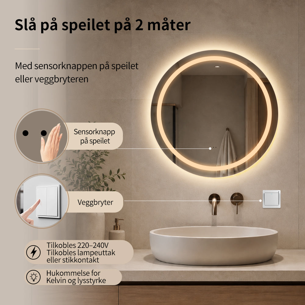 Rundt Speil med Frontlight LED-lys og Antidugg Ø60 cm