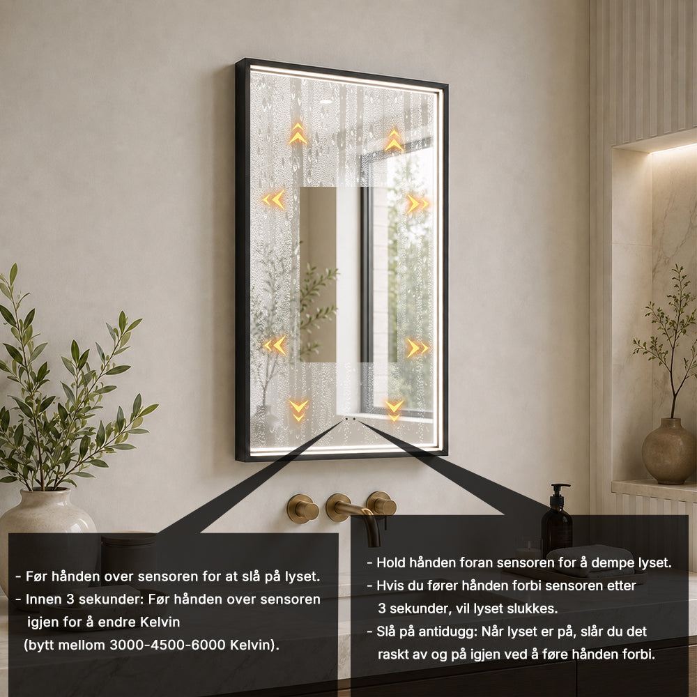 Rektangulært Speil med LED-lys i Ramme og Antidugg 50x80 cm, Svart Ramme