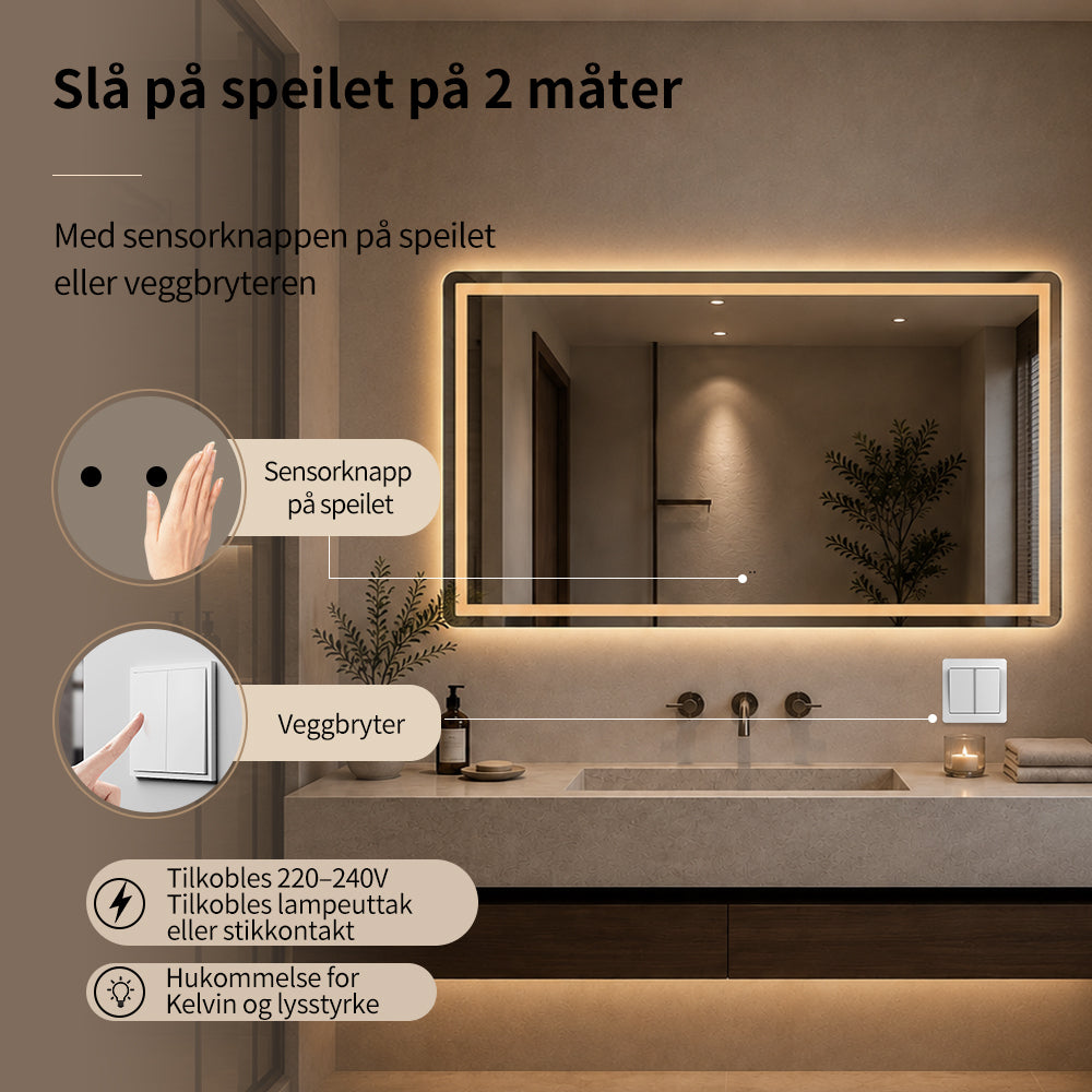 Firkantet Speil med Frontlight LED-lys og Antidugg 140x80 cm