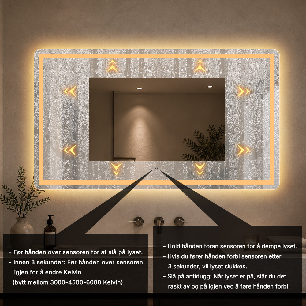 Firkantet Speil med Frontlight LED-lys og Antidugg 140x80 cm
