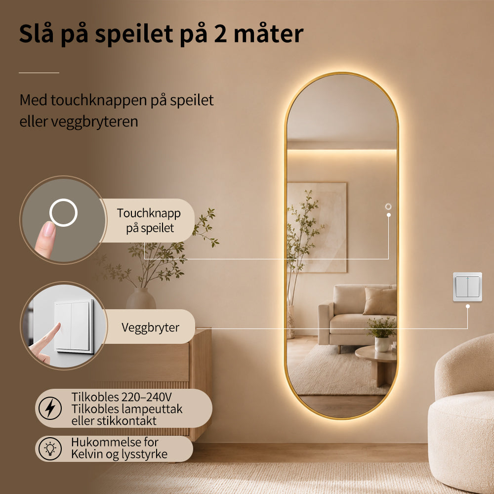 Helfigur Oval Speil med LED-lys 60x170 cm - Gull ramme