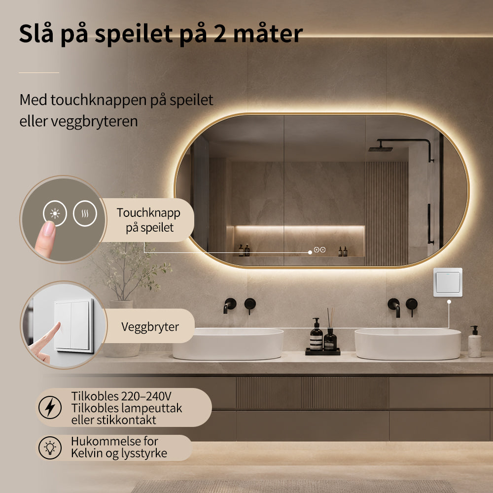 Ovalt Speil med Lys og Antidugg 150x80 cm m/Gull ramme