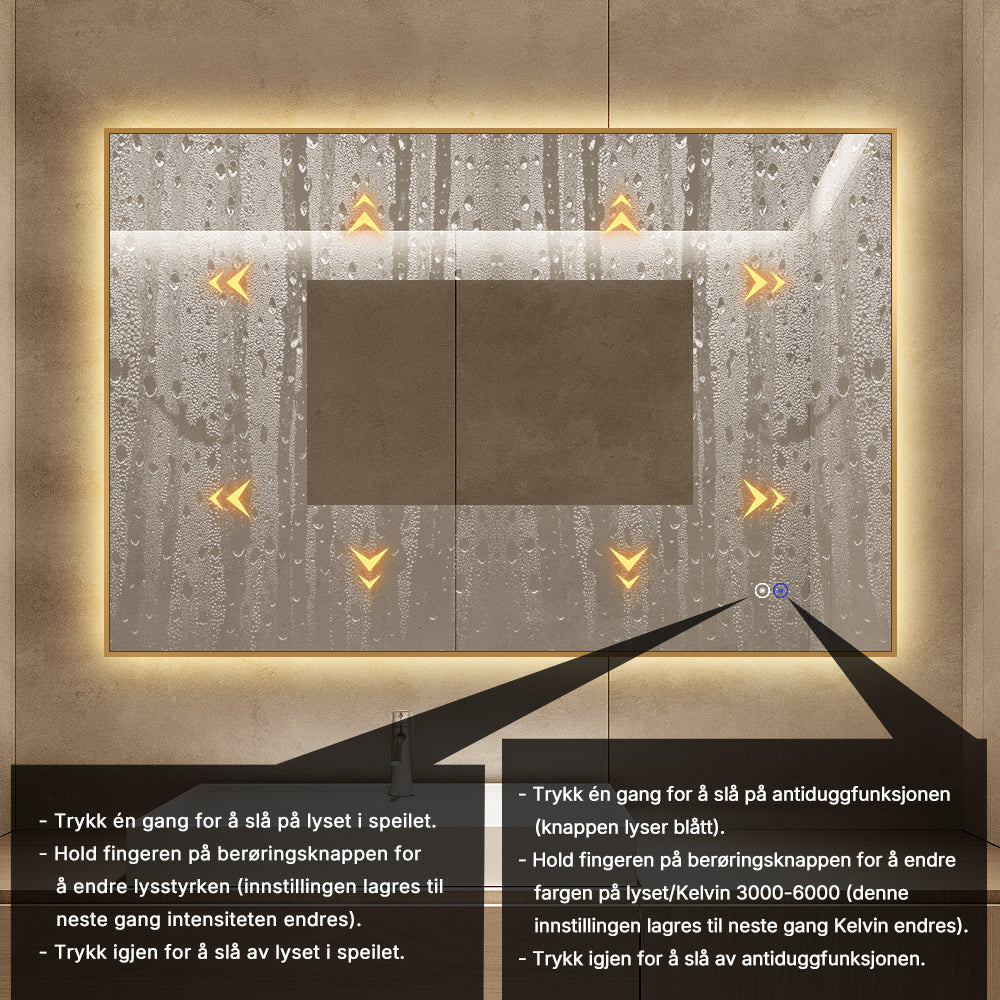 Rektangulært Speil med LED-lys og Antidugg 120x80 cm - Gull ramme 90º