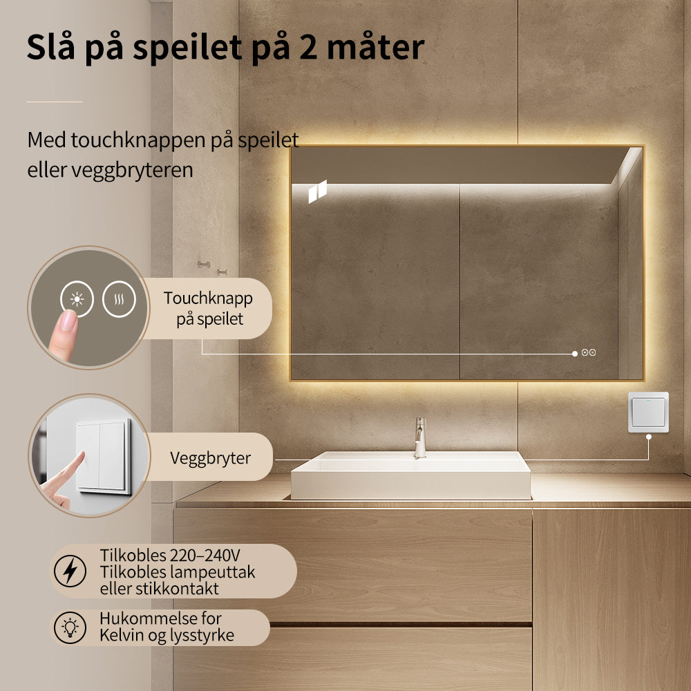 Rektangulært Speil med LED-lys og Antidugg 120x80 cm - Gull ramme 90º