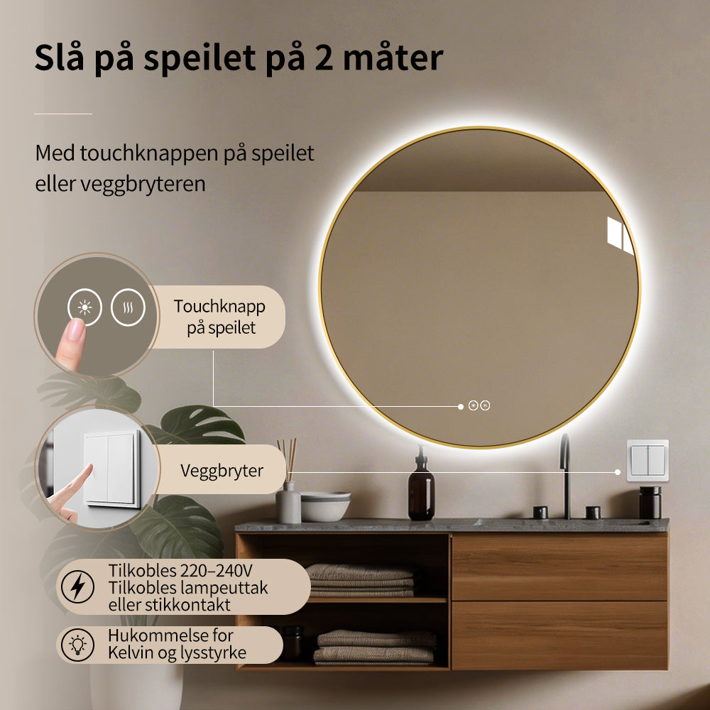 Rundt speil med LED-lys og antidugg Ø80 cm m/Gull Ramme