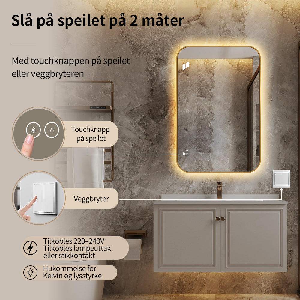 Rektangulært Speil, med LED-lys og Antidugg 80x120 cm - Gull ramme, runde hjørner