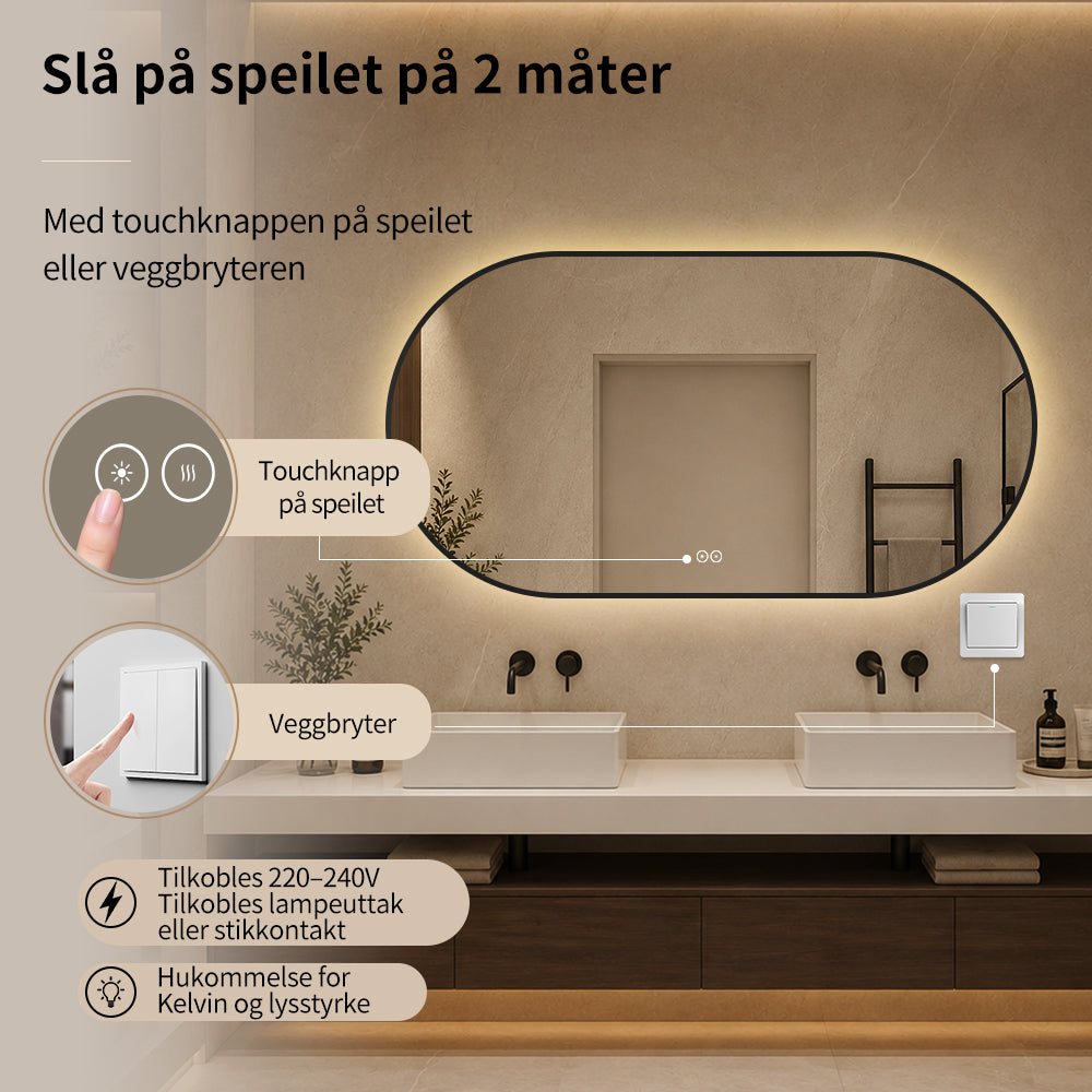 Ovalt Speil med Lys og Antidugg 150x80 cm m/Svart ramme