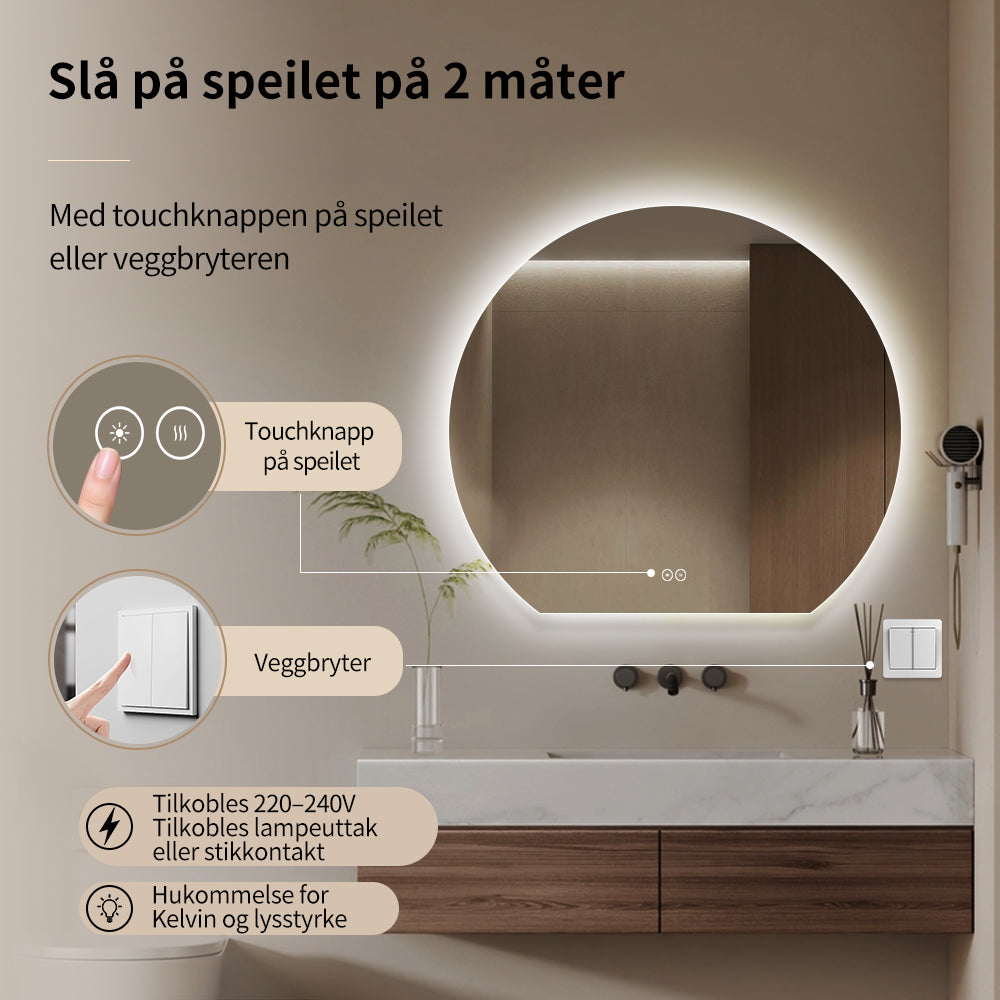 Rundt speil med LED-lys og Antidugg Ø80 cm - Skåret