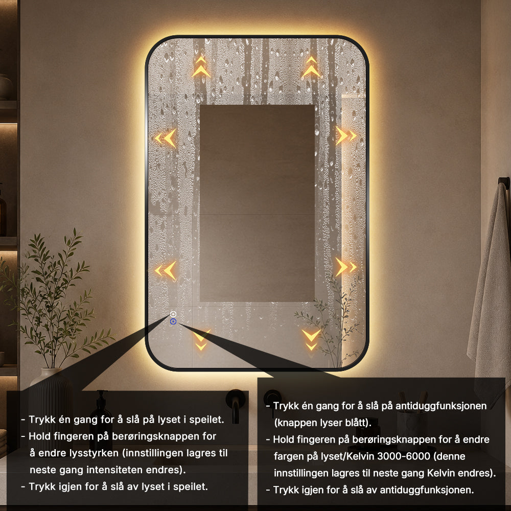 Rektangulært Speil, med LED-lys og Antidugg 80x120 cm - Svart ramme, runde hjørner