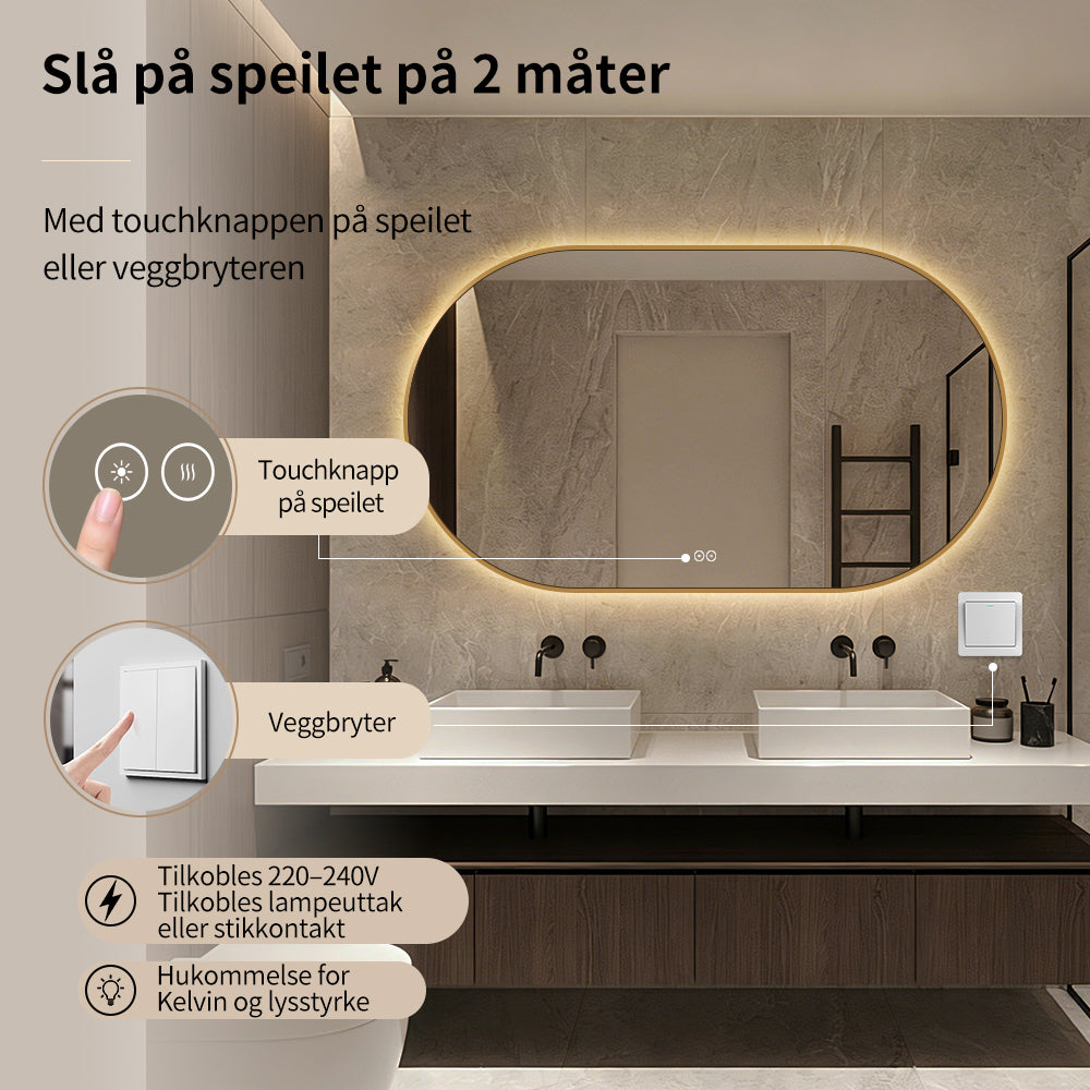 Ovalt Speil med Lys og Antidugg 140x80 cm m/Gull ramme