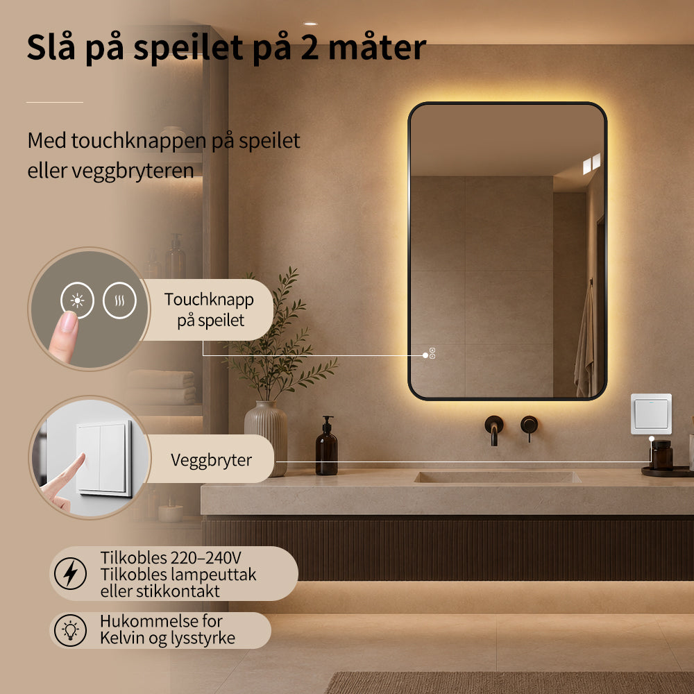 Rektangulært Speil, med LED-lys og Antidugg 80x120 cm - Svart ramme, runde hjørner