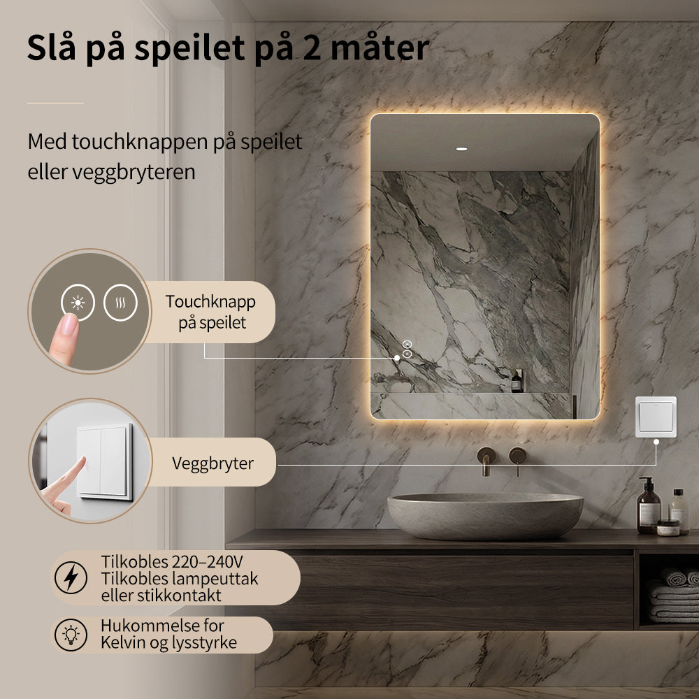 Rektangulært Speil med LED-lys og Antidugg 60x80 cm
