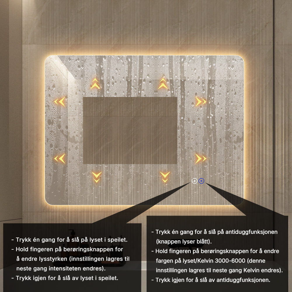 Rektangulært Speil med LED-lys og Antidugg 80x60 cm