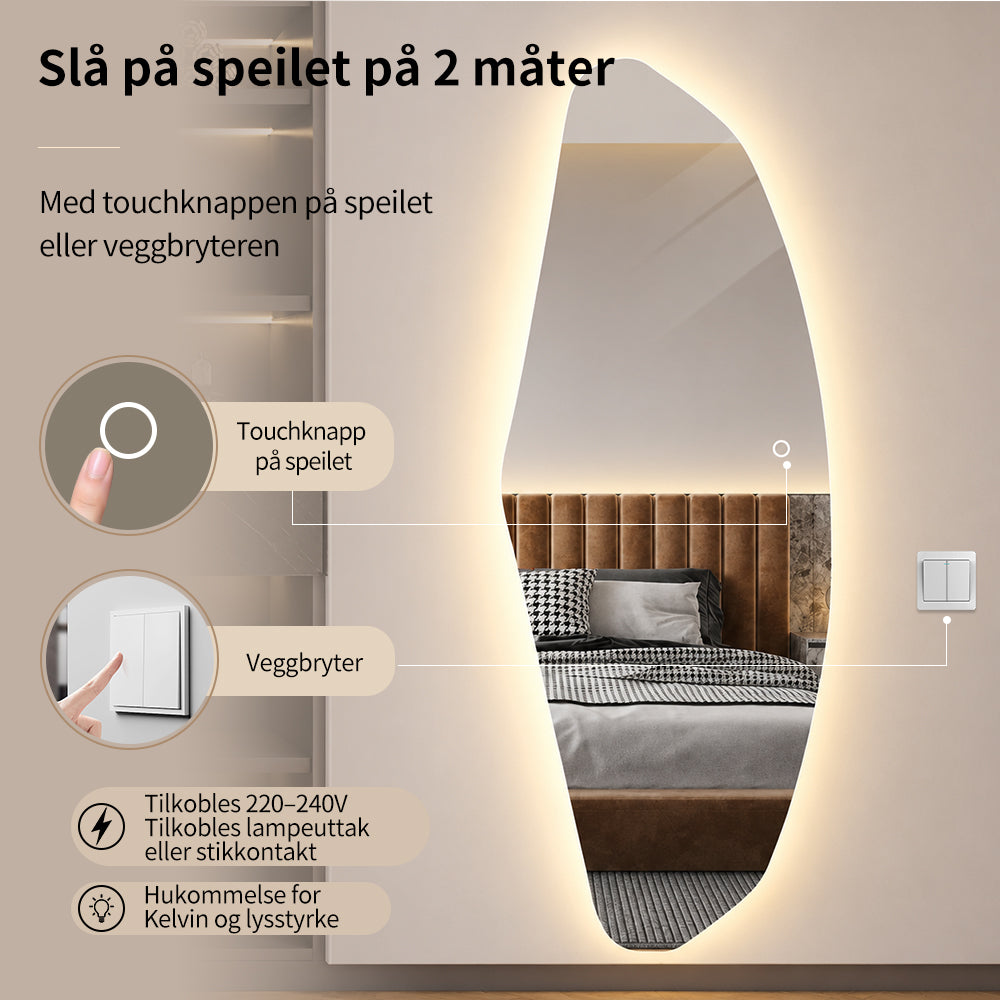 Organisk Helfigur speil med LED-lys til vegg 65x170 cm