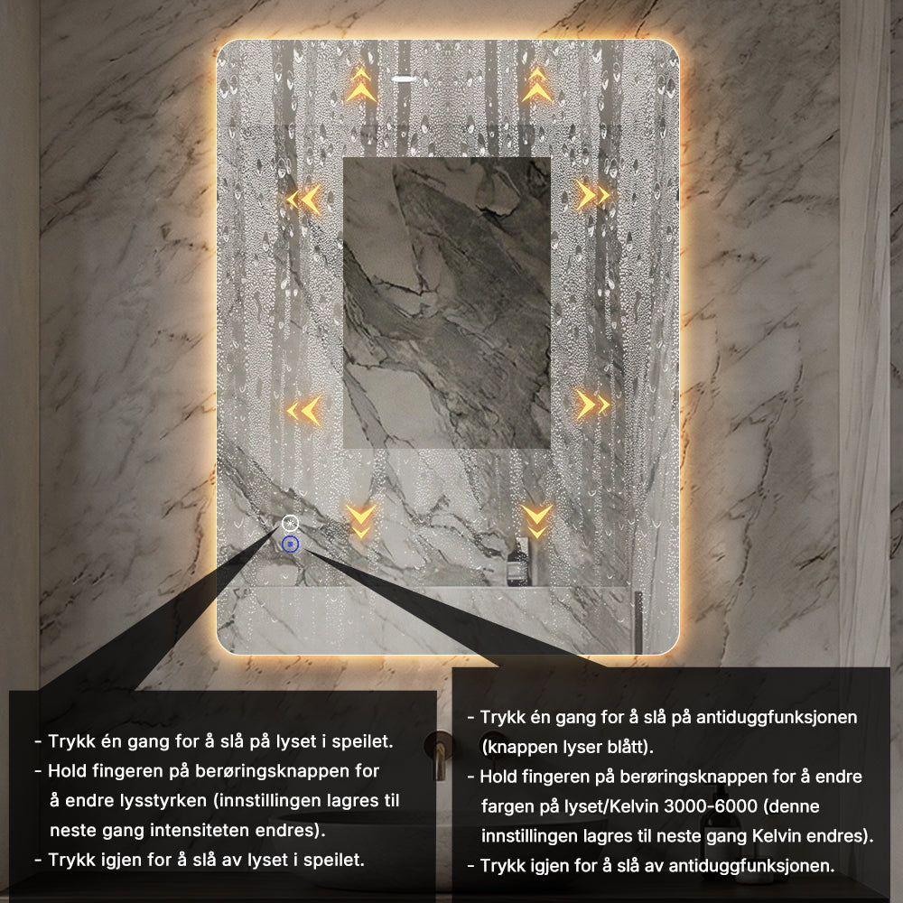 Rektangulært Speil med LED-lys og Antidugg 60x80 cm