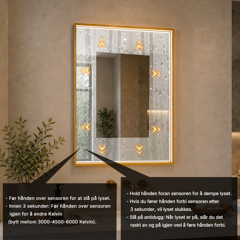 Rektangulært Speil med LED-lys i Ramme og Antidugg 60x80 cm, Gull Ramme