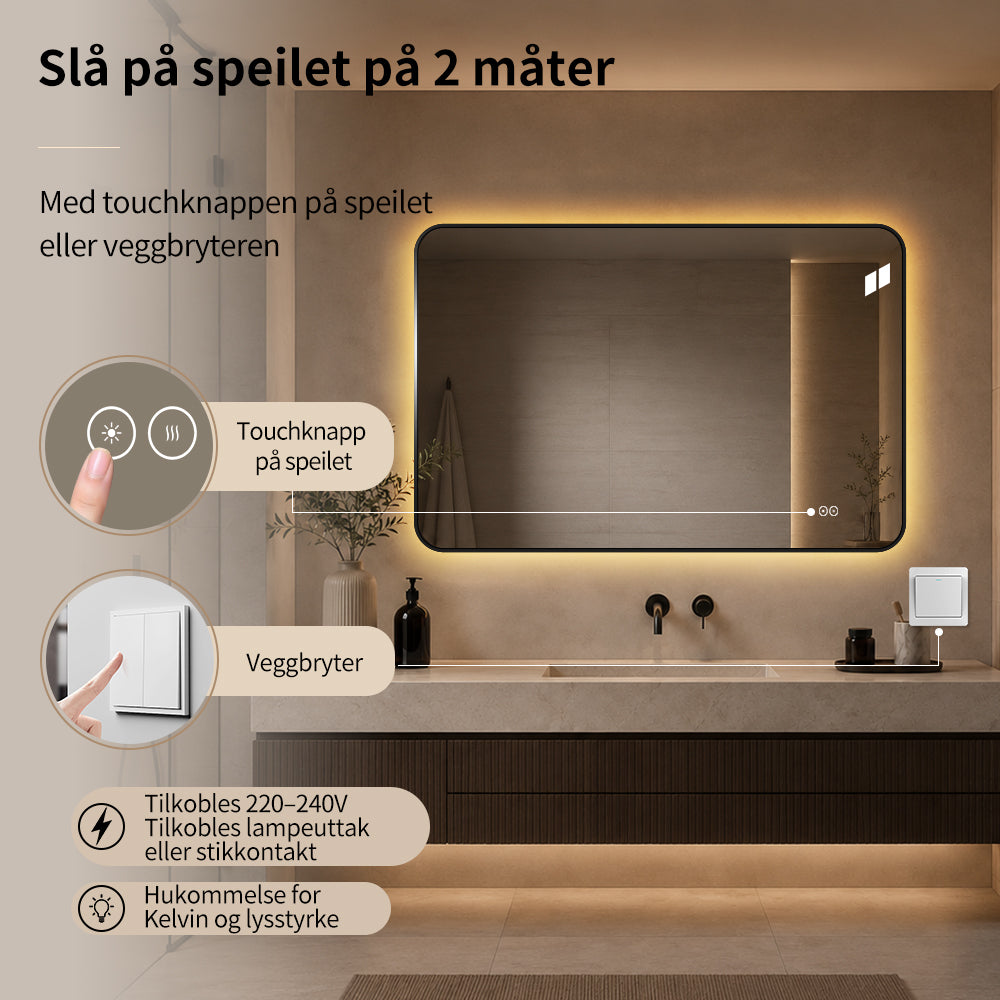 Rektangulært Speil, med LED-lys og Antidugg 120x80 cm - Svart ramme, runde hjørner