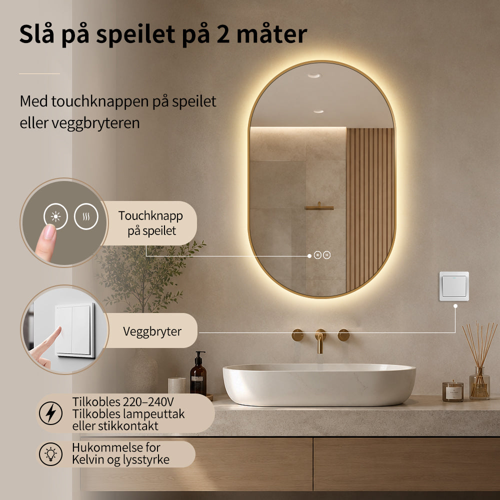 Ovalt Speil med LED-lys og Antidugg 50x80 cm m/Gull ramme