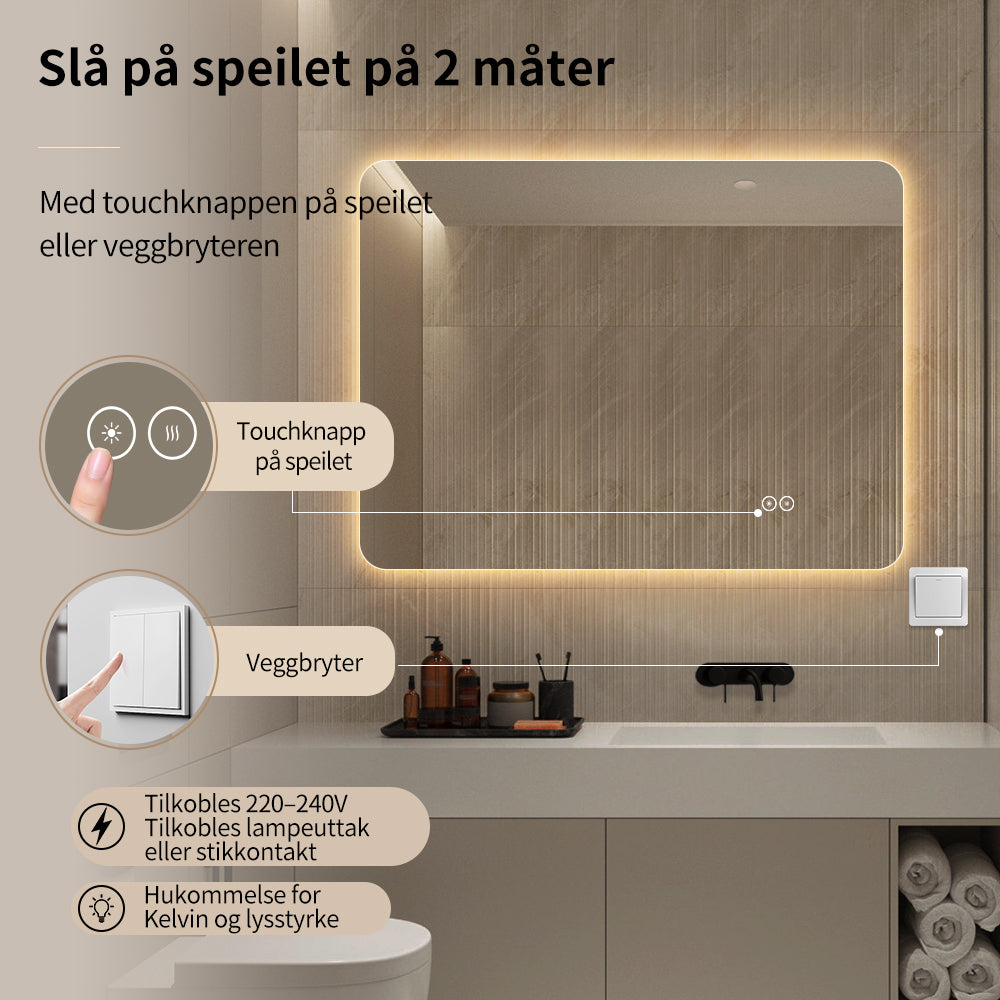 Rektangulært Speil med LED-lys og Antidugg 80x60 cm