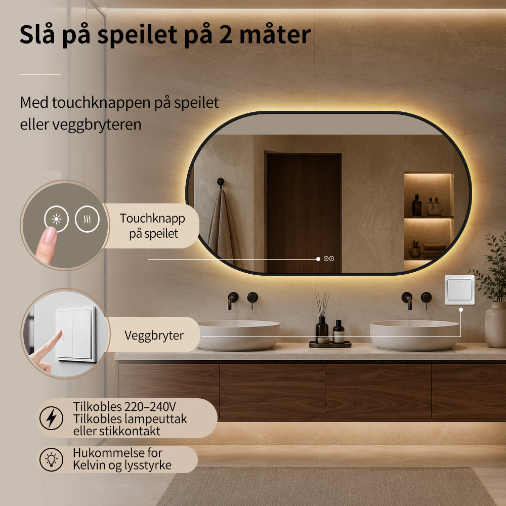 Ovalt Speil med Lys og Antidugg 140x80 cm m/Svart ramme