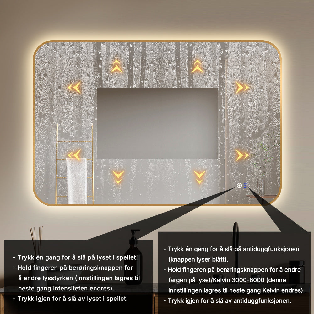 Rektangulært Speil, med LED-lys og Antidugg 120x80 cm - Gull ramme, runde hjørner
