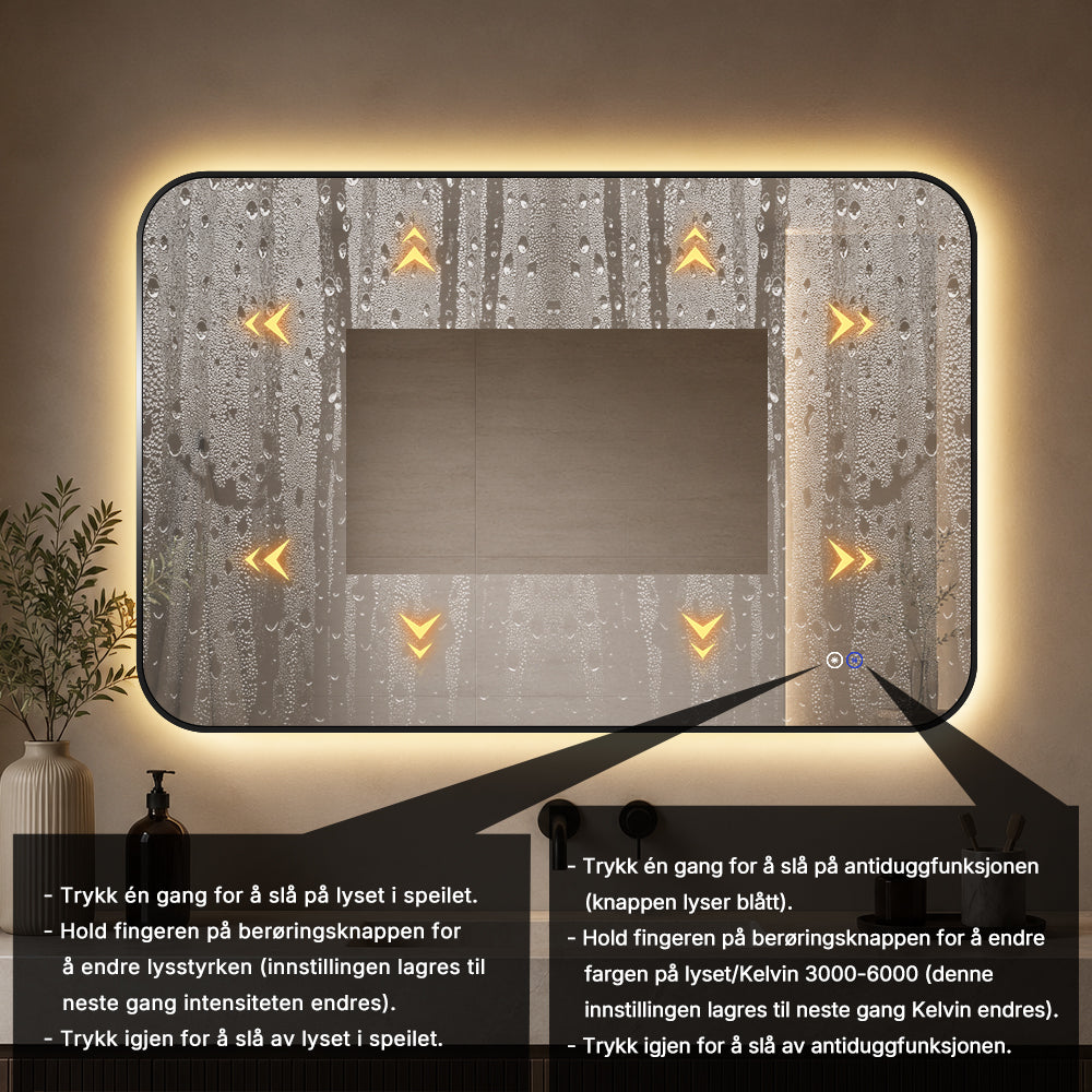 Rektangulært Speil, med LED-lys og Antidugg 120x80 cm - Svart ramme, runde hjørner