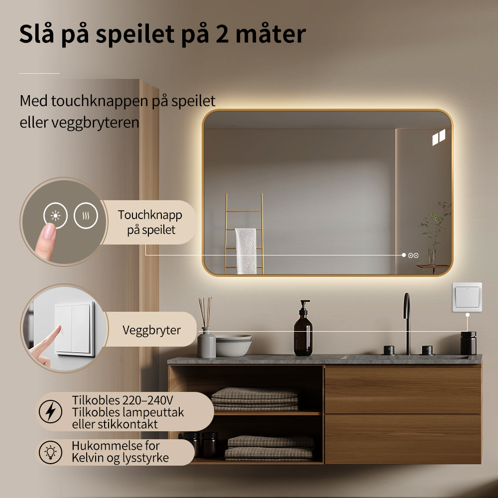 Rektangulært Speil, med LED-lys og Antidugg 120x80 cm - Gull ramme, runde hjørner
