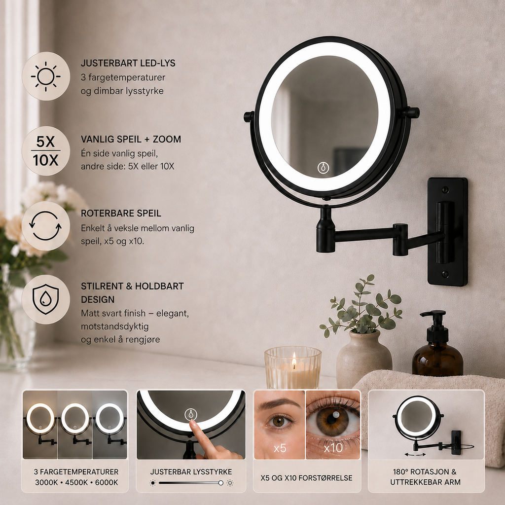 Makeup Speil m/X5 og X10 Forstørrelse og LED-lys til Vegg - Svart