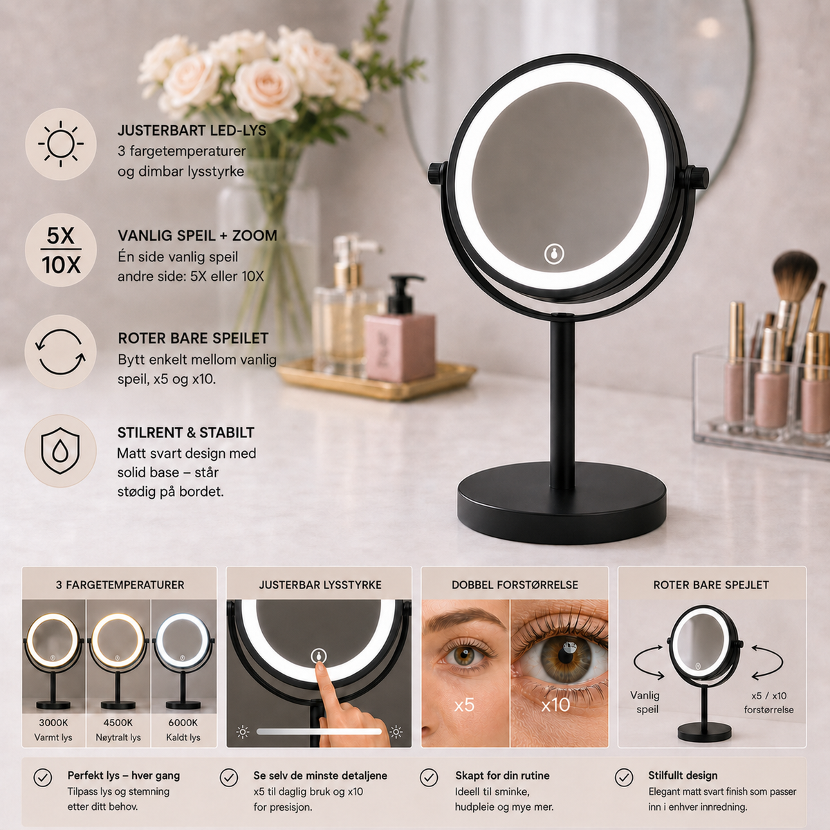 Makeup Speil m/Forstørrelse X5 og X10 og LED-lys til Bord - Svart