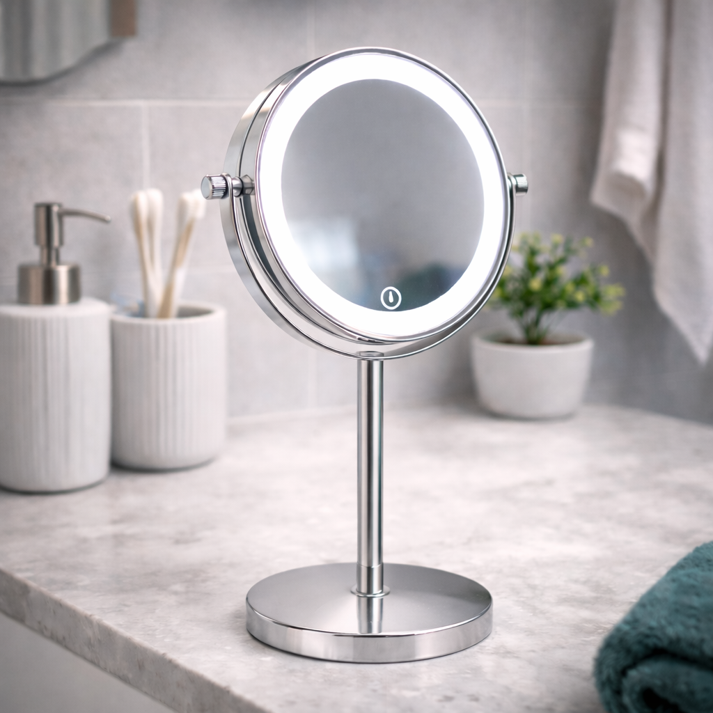 Makeup Speil m/Forstørrelse X5 og X10 og LED-lys til Bord - Krom