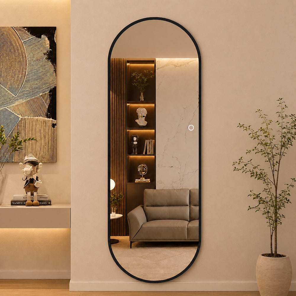 Helfigur Ovalt Speil med LED-lys 60x170 cm - Svart ramme