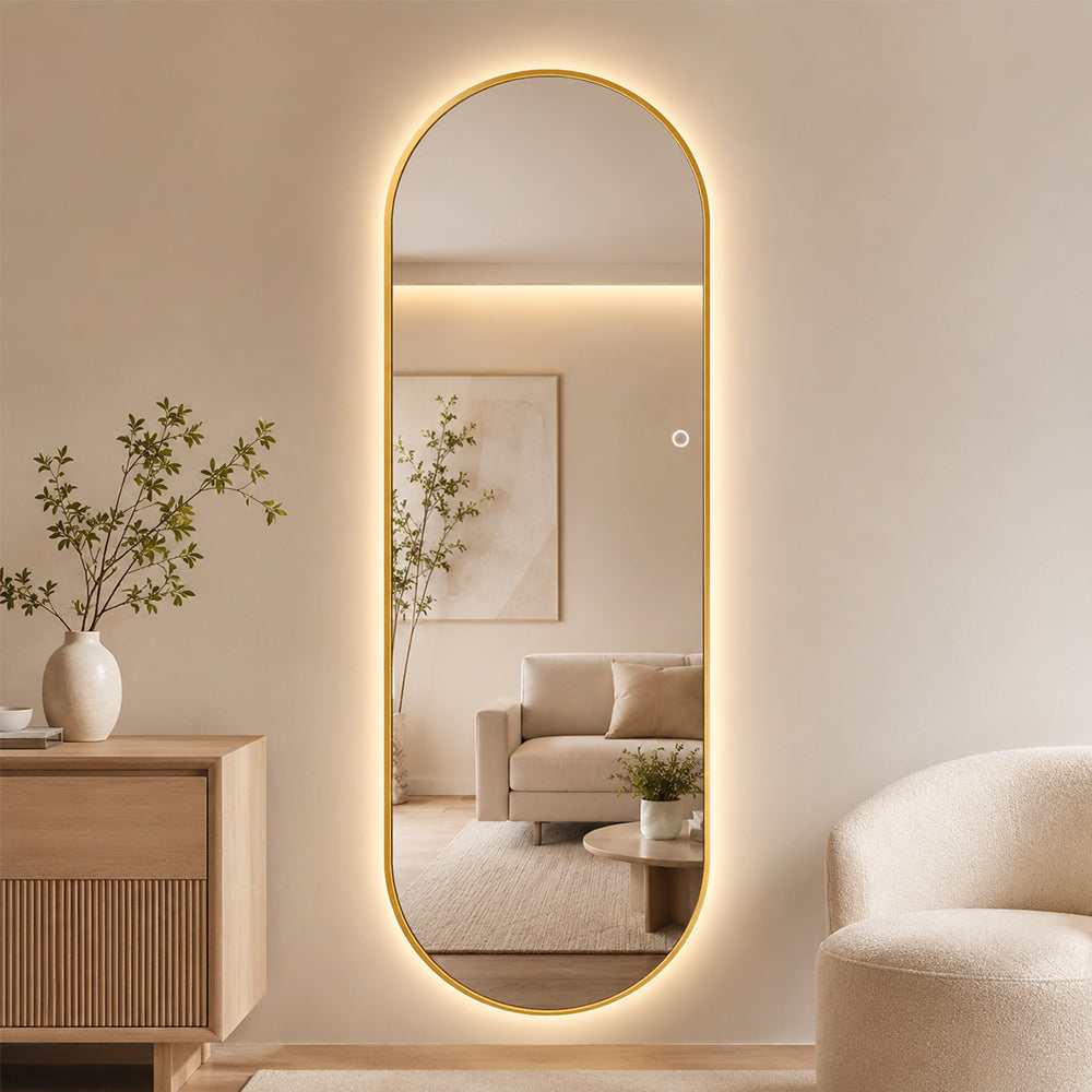 Helfigur Oval Speil med LED-lys 60x170 cm - Gull ramme