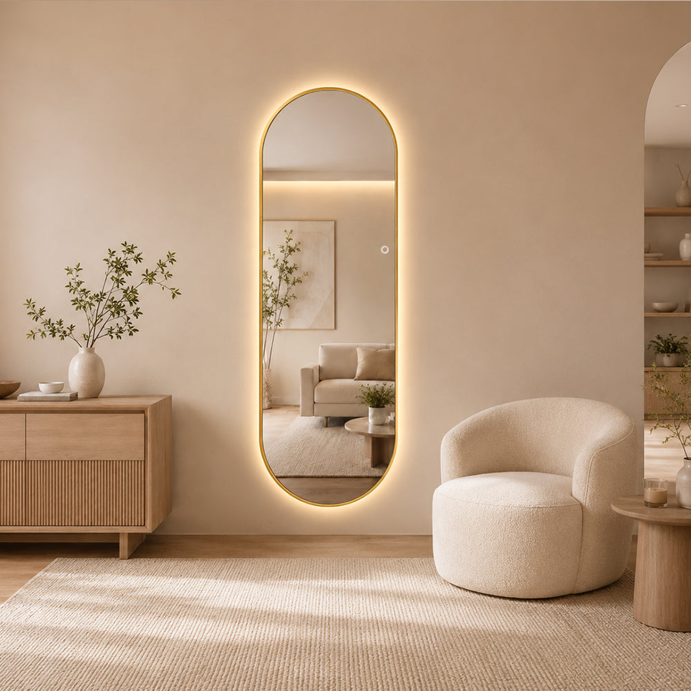 Helfigur Oval Speil med LED-lys 60x170 cm - Gull ramme