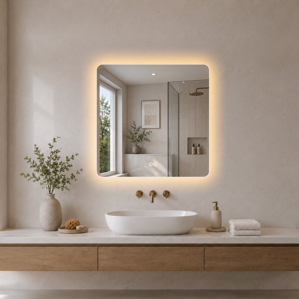 Kvadratisk speil med LED-lys og Antidugg 80x80 cm