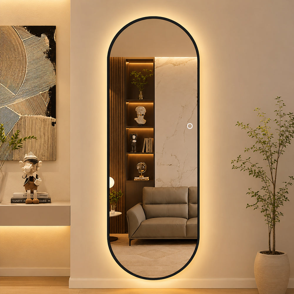 Helfigur Ovalt Speil med LED-lys 60x170 cm - Svart ramme