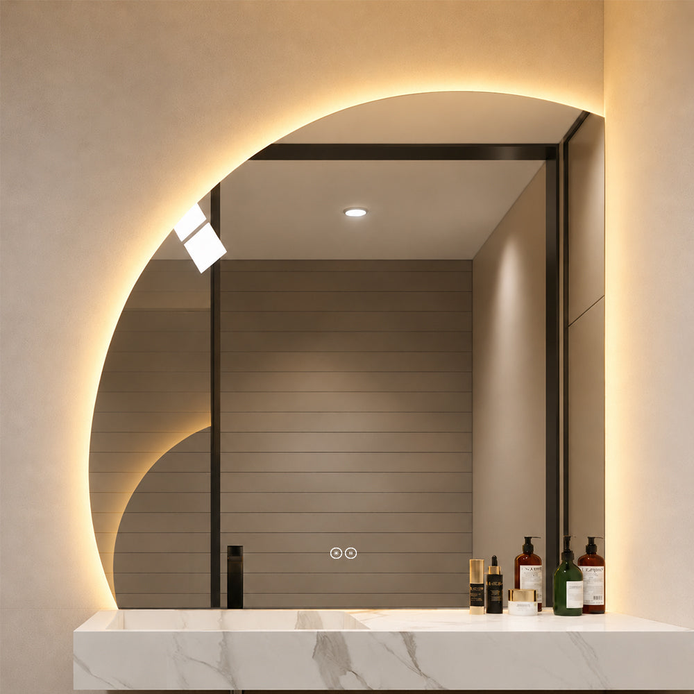 1/4 Rundt speil med LED-lys og Antidugg 100x100 cm (Venstrevendt)