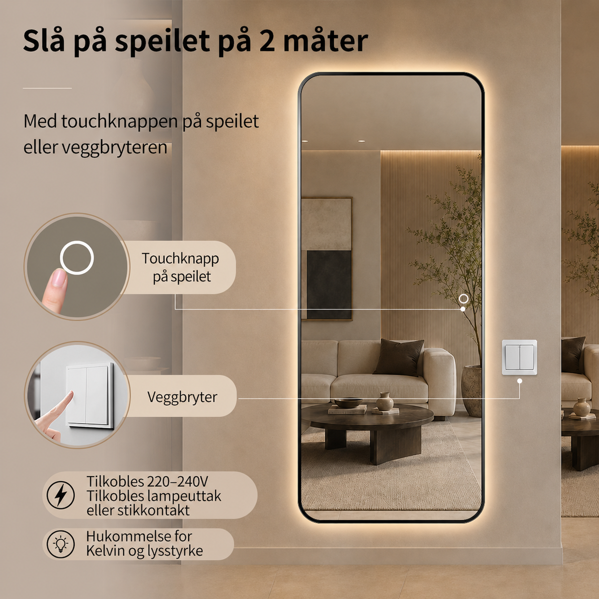 Helfigur Speil med LED-lys 80x180 cm - Svart Ramme