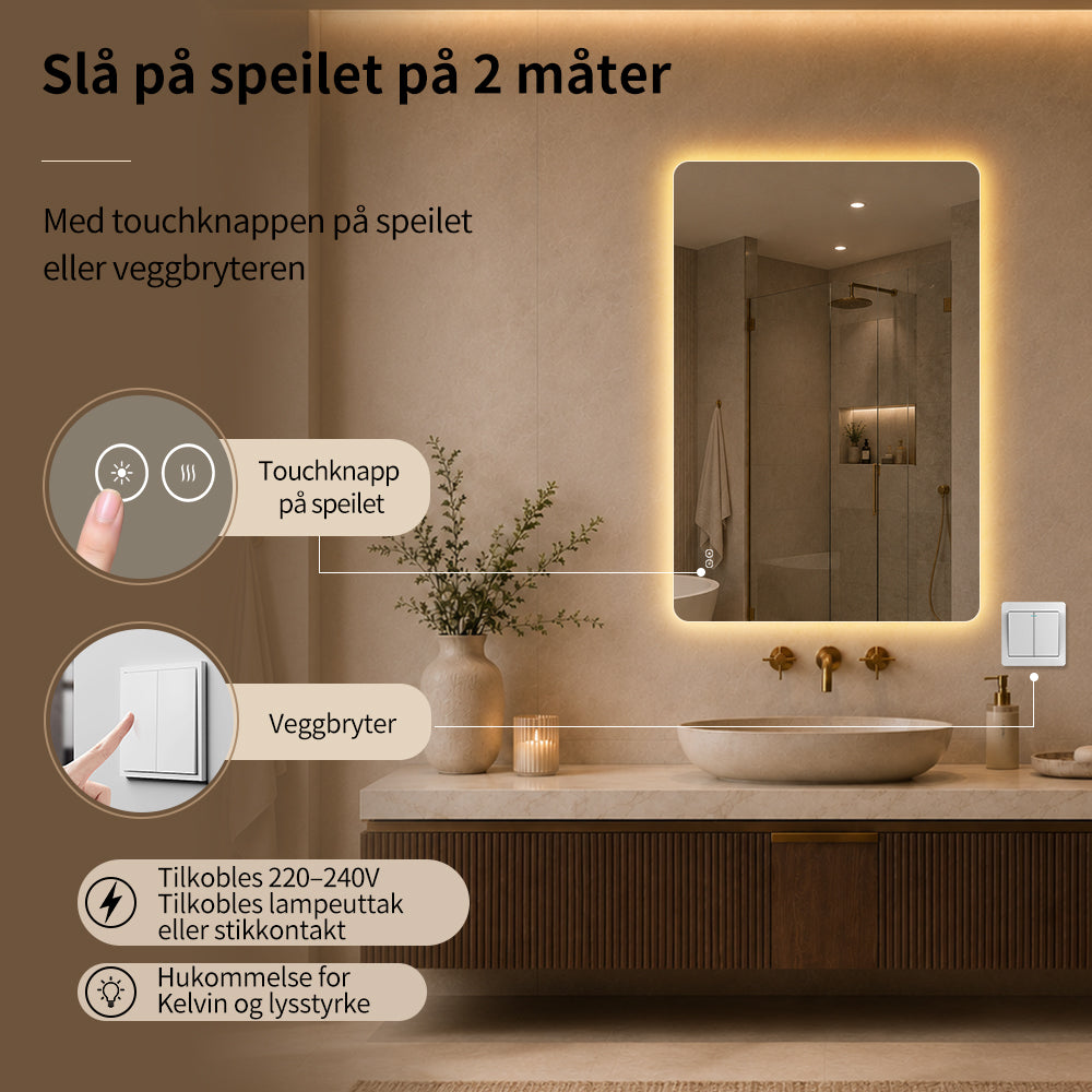Rektangulært Speil med LED-lys og Antidugg 80x120 cm