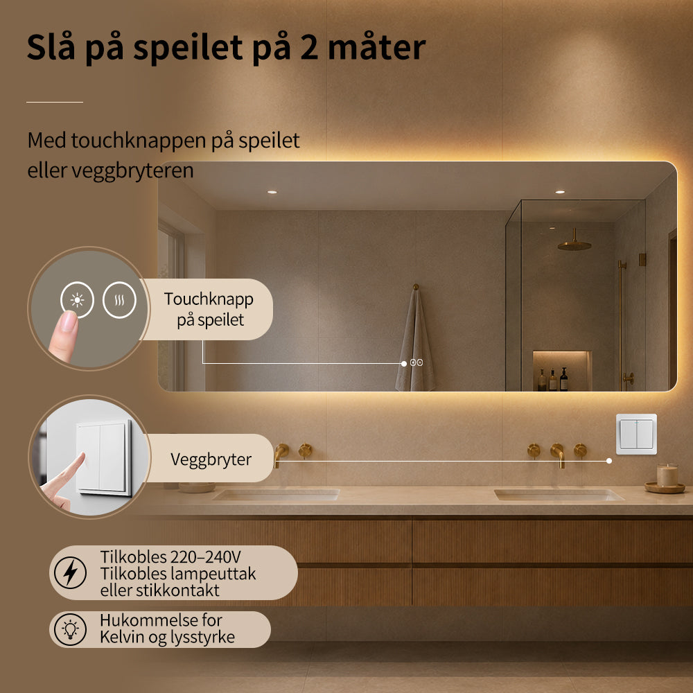 Rektangulært Speil med LED-Lys og Antidugg 180x80 cm