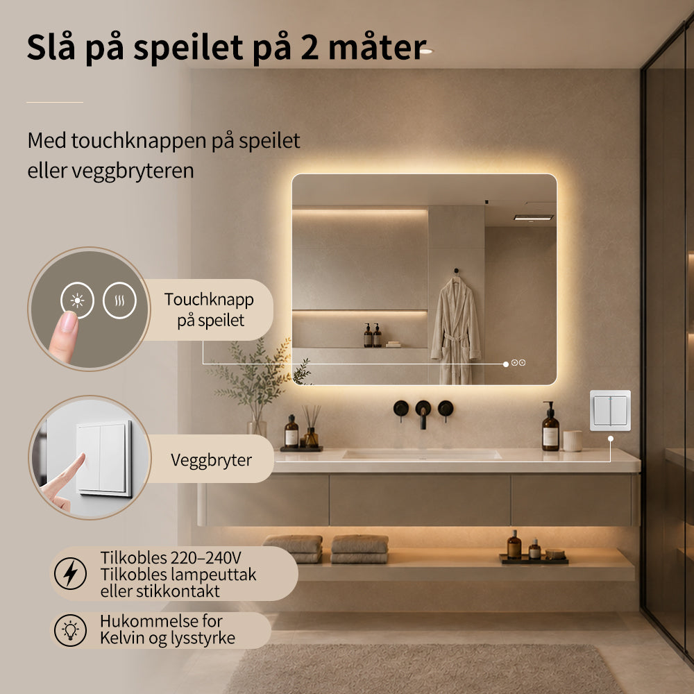 Rektangulært Speil med LED-lys og Antidugg 100x80 cm