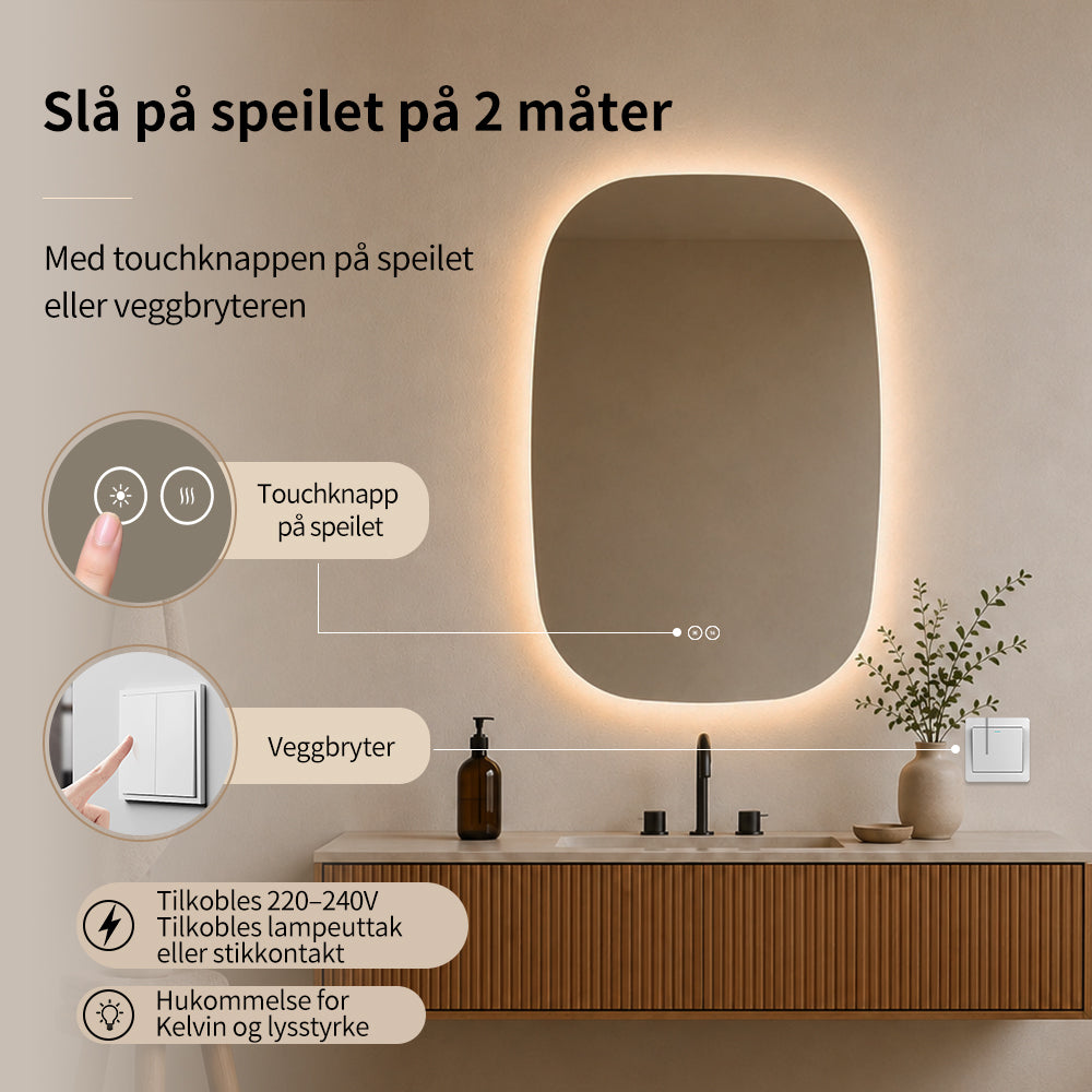 Elliptisk speil med LED-lys og Antidugg 60x90 cm