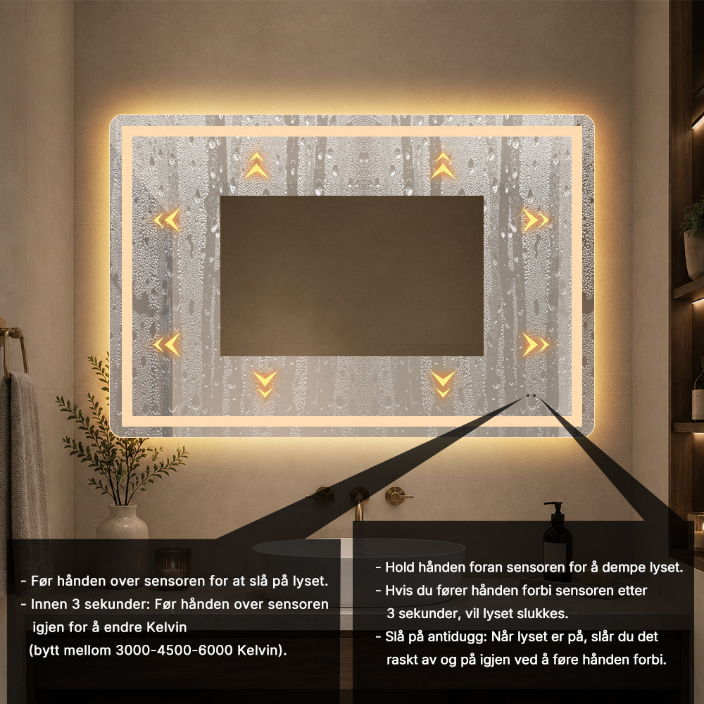 Firkantet Speil med Frontlight LED-lys og Antidugg 120x80 cm