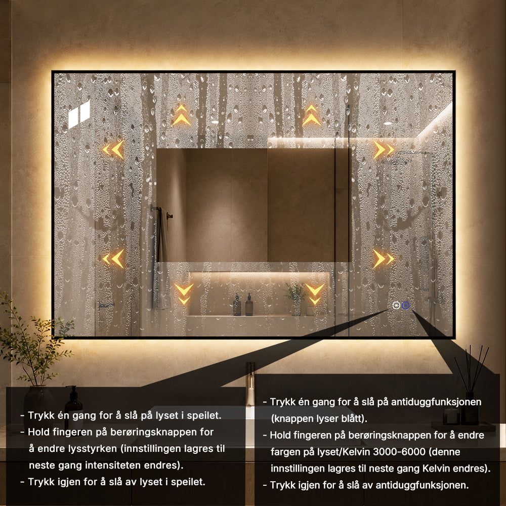 Rektangulært Speil med LED-lys og Antidugg 120x80 cm - Svart ramme 90º
