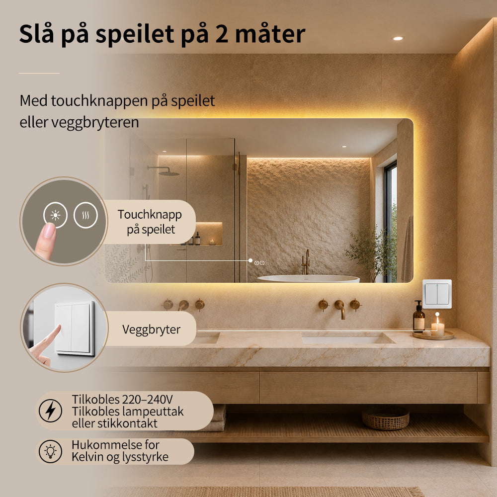 Rektangulært Speil med LED-lys og Antidugg 150x80 cm