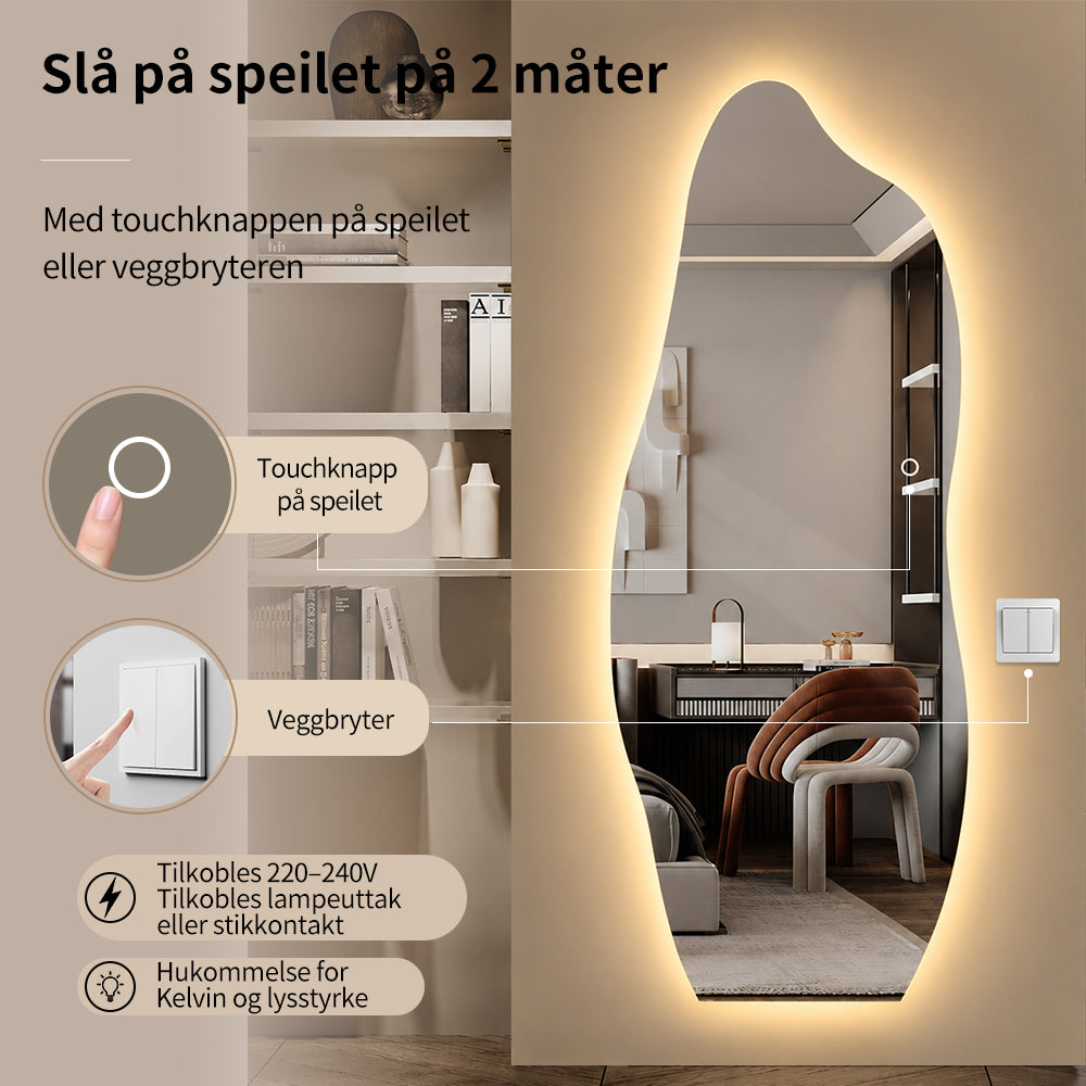 Organisk Helfigur speil med LED-lys til Vegg 60x165 cm